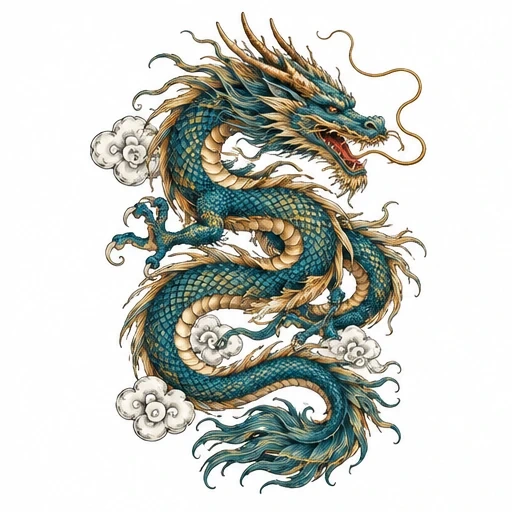 Detailed Asian dragon with teal scales, golden mane, claws, and surrounding clouds