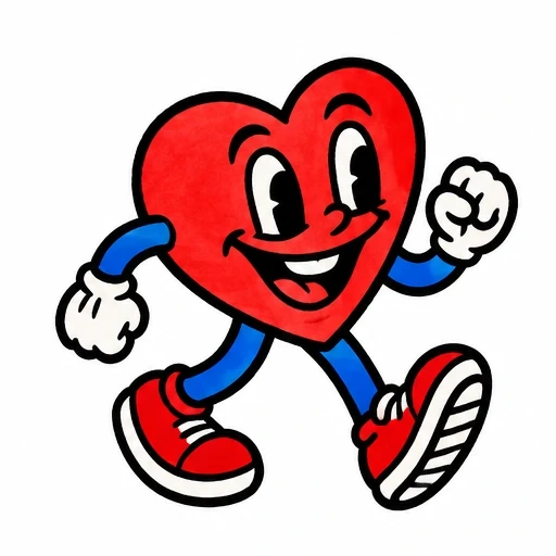 Cartoon heart character with arms, legs, gloves, and sneakers walking energetically.
