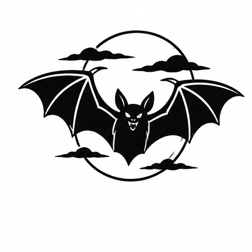 Black tattoo silhouette of a bat flying with wings spread wide, framed by a crescent moon and black clouds.