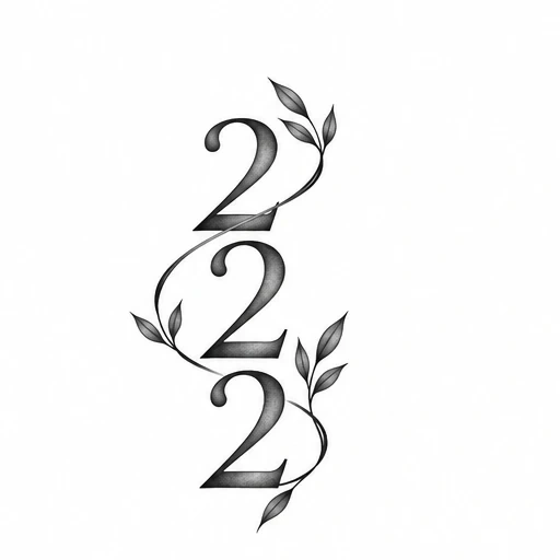 Black shaded numbers 222 with delicate leafy vine wrapping around them in fine lines on white background