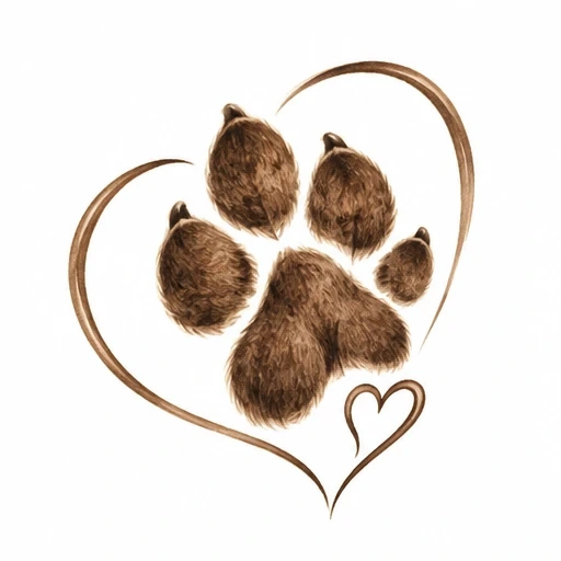 Realistic brown dog paw print with fur texture inside two heart outlines