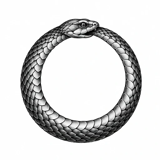 Black and gray ouroboros snake biting its tail forming a circle with detailed scales