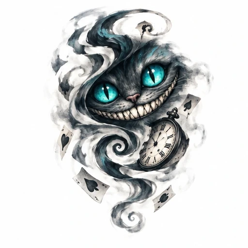 Cheshire Cat smiling with bright blue eyes among swirling gray smoke, pocket watch, and playing cards