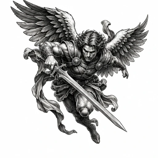 Black and gray detailed tattoo of a male angel with spread wings flying downward wielding a sword