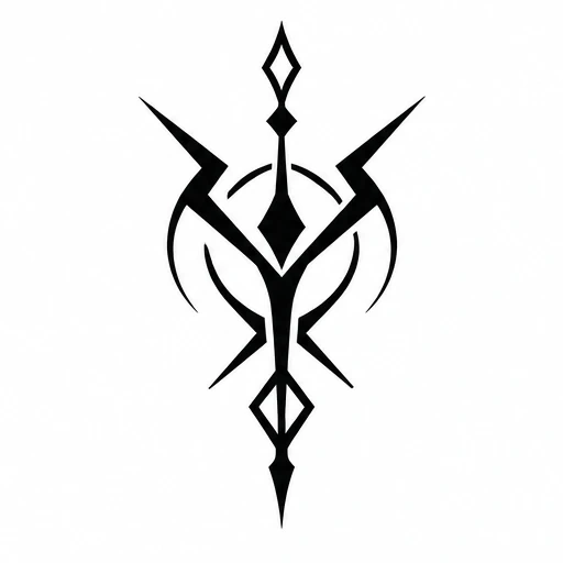Black symmetrical sigil tattoo with sharp angles, diamond shapes, and crescent curves on white background.