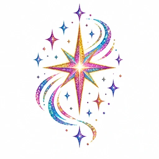 Colorful glitter starburst tattoo with sparkly points and swirling trails in gold, pink, blue, and purple