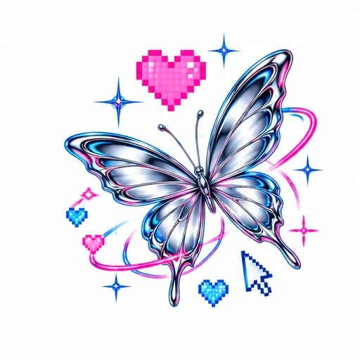 Chrome butterfly with pink and blue pixel hearts, arrow cursor, and sparkling stars in Y2K style