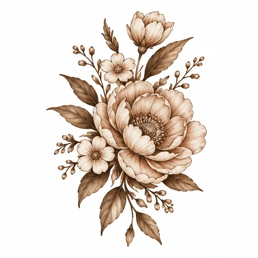 Brown ink tattoo design of a floral bouquet with detailed petals, leaves, and buds