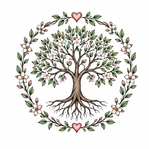 Illustration of a family tree with blooming flowers and hearts in a circular floral frame.