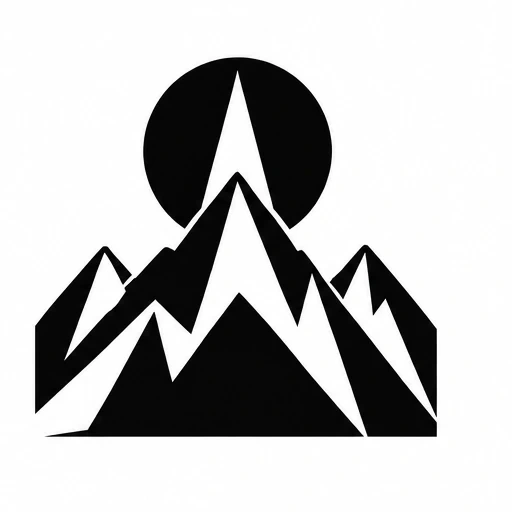 Black geometric mountains with white angular highlights and a black sun behind the tallest peak
