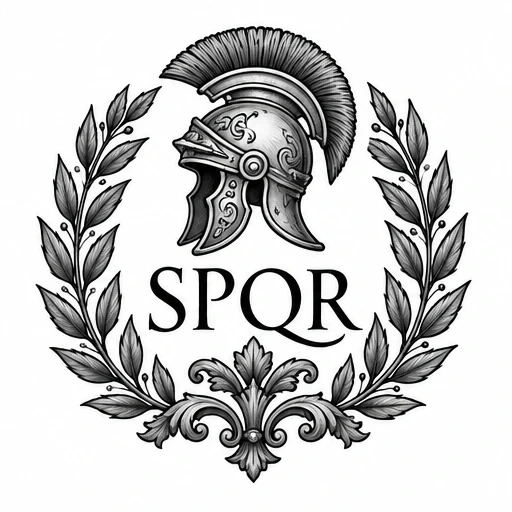 Black and grey Roman legionnaire helmet with SPQR text and laurel wreath tattoo design