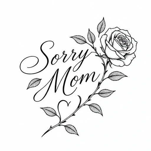 'Sorry Mom' tattoo design with cursive lettering, detailed rose, and leafy vine forming a heart shape.
