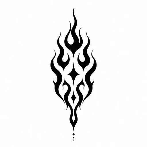 Black symmetrical flame tattoo design with balanced negative spaces tapering to fine point and dots