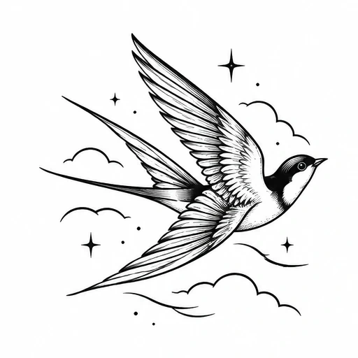 Black linework drawing of a swallow bird flying with decorative clouds and stars around it