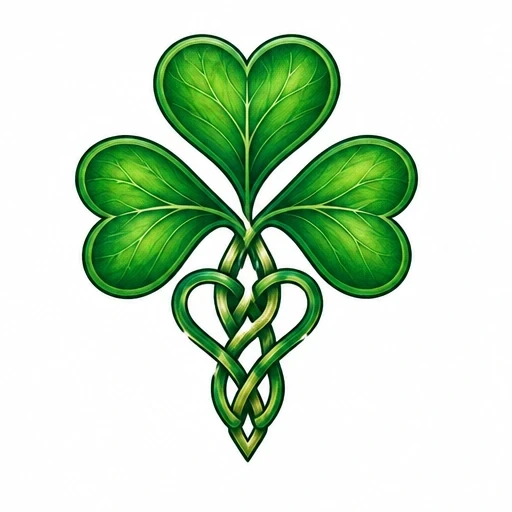 Green shamrock with heart-shaped leaves and Celtic knot stem