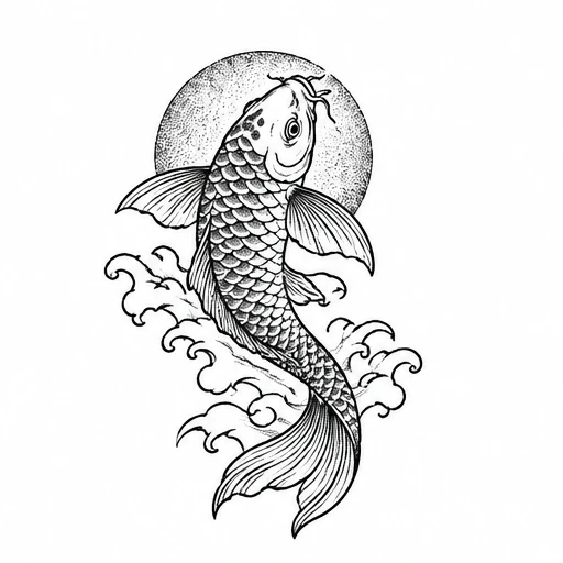 Drawing of a black ink koi fish jumping above stylized waves with a textured circle background