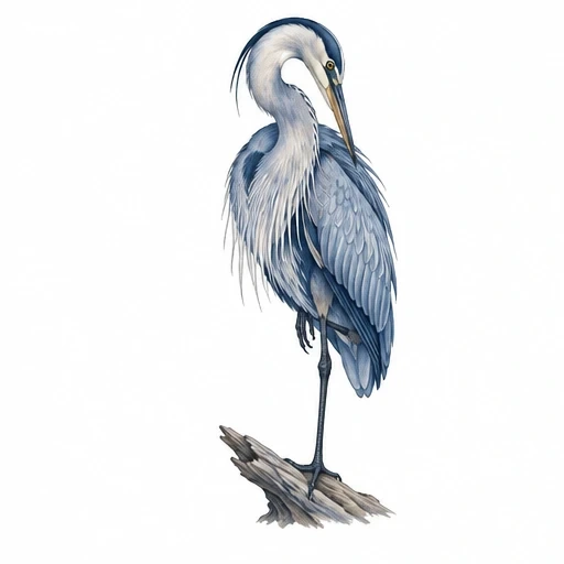Illustration of a blue heron standing on driftwood with detailed blue-gray feathers and a curved neck.