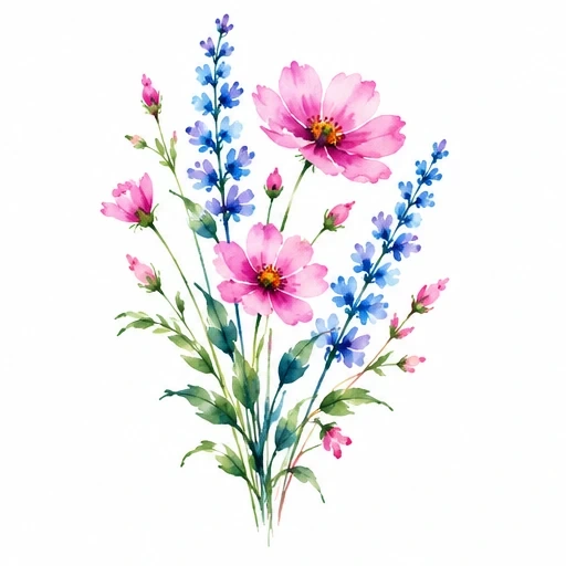 Watercolor tattoo design of pink and blue wildflower bouquet with green stems on white background