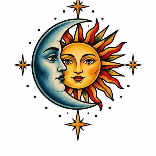 Colorful tattoo design of a crescent moon and sun with faces, surrounded by four golden compass stars and dotted accents.