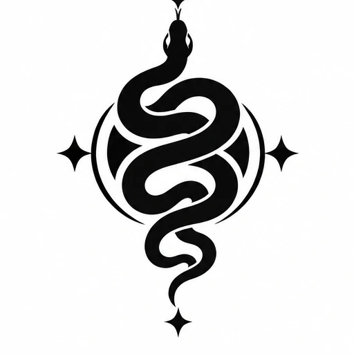 Black silhouette of a coiled snake inside a circle with four small stars around it