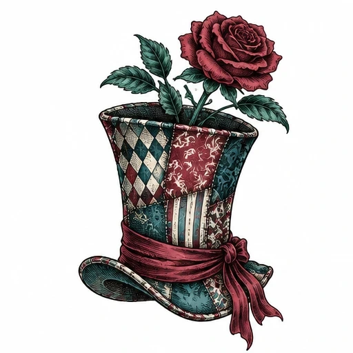 Victorian patchwork top hat tattoo with a red rose growing from it and a burgundy ribbon tied around the brim