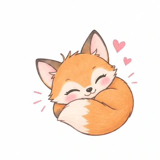 Cute cartoon fox curled up sleeping with pink hearts