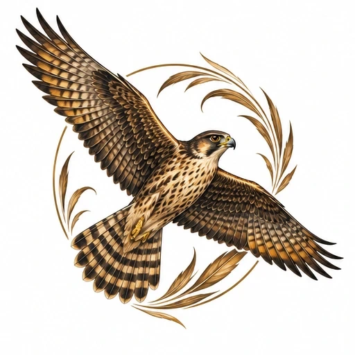Detailed falcon tattoo design with spread wings and circular feather accents