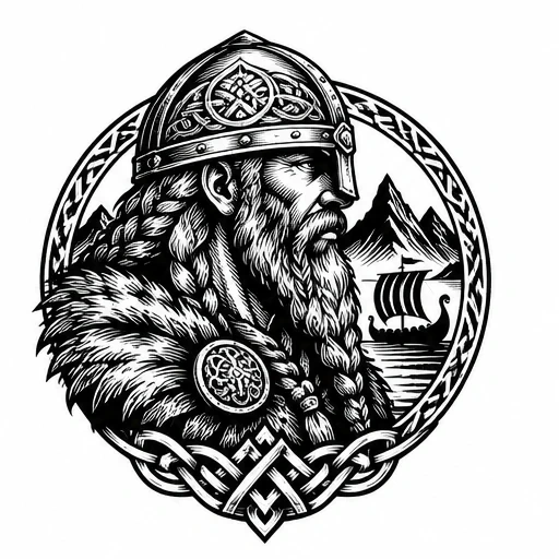 Black and white Viking warrior profile with braided beard, helmet, fur cloak, Nordic knot border, mountains, and Viking ship.