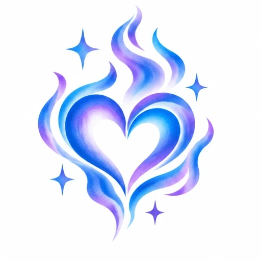 Blue and purple flames shaped like a heart with four blue-purple stars around it