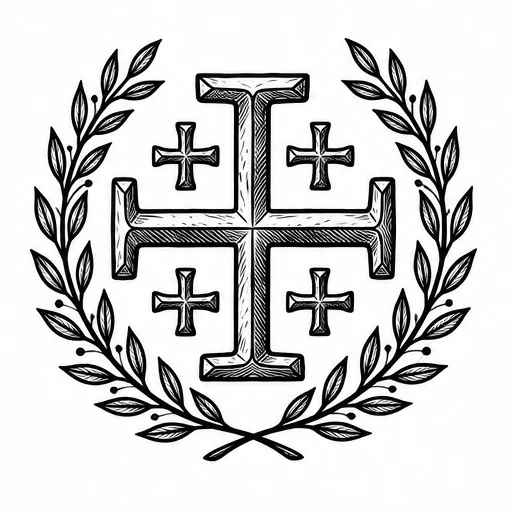 Jerusalem cross with four smaller crosses inside a laurel wreath in black ink