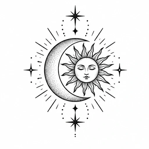 Linework tattoo design of a crescent moon embracing a sun with rays, surrounded by radiant stars and dots