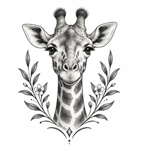 Black and gray tattoo of a giraffe head with symmetrical floral branches on each side