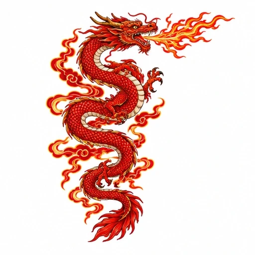 Red oriental dragon tattoo with detailed scales breathing fire surrounded by flame and smoke