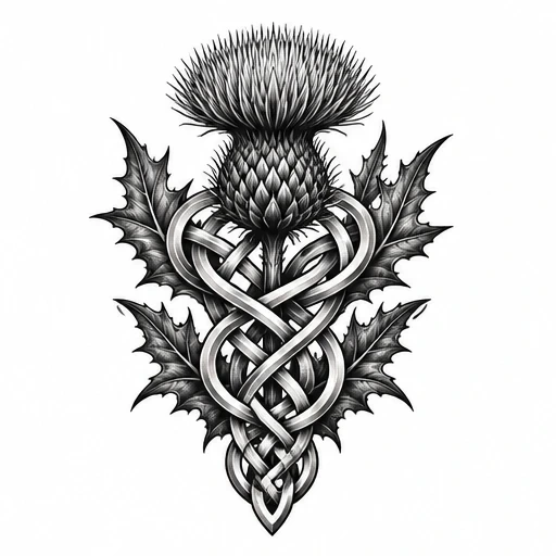 Black and grey tattoo design of a thistle with Celtic knotwork stem and surrounding leaves