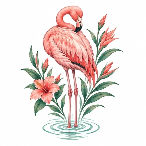 Illustration of pink flamingo with coral flowers and green leaves in water