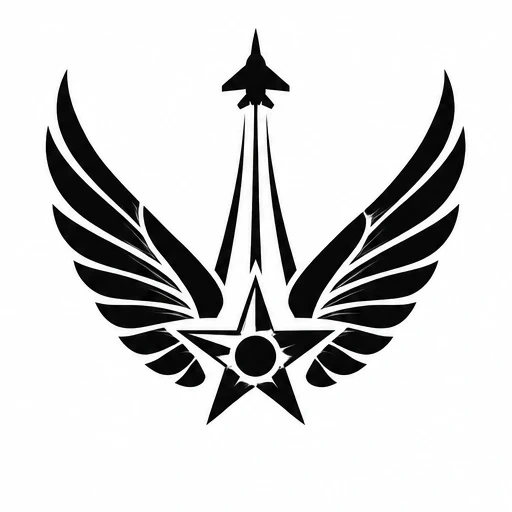 Silhouette tattoo of fighter jet above star with wings spread on both sides