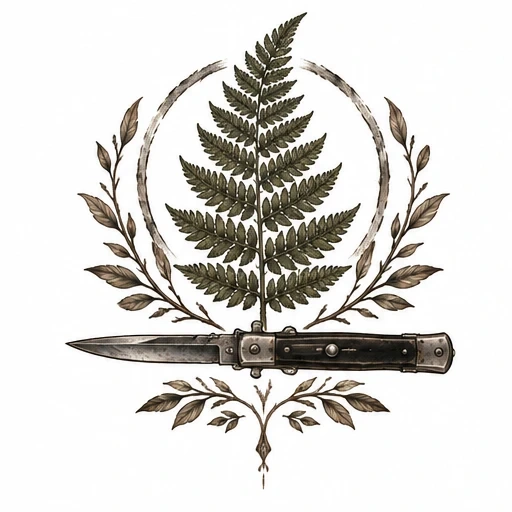 Fern leaf centered with leafy branches and old folding pocket knife below in earthy tones
