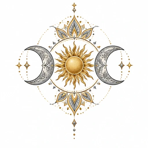 Golden sun with detailed design flanked by two ornate gray crescent moons within symmetrical bohemian pattern