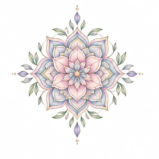 Mandala-style flower with pink and blue petals and green leaves accented by gold dots
