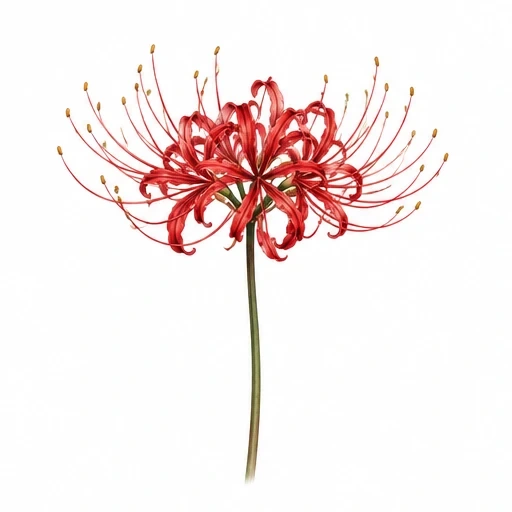 Red spider lily flower with long curling petals and stamens on a slender green stem