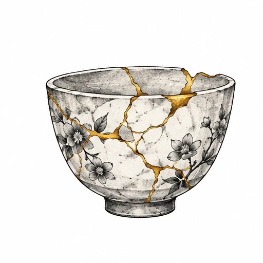 Illustration of a cracked bowl with gold kintsugi repairs and black floral branches