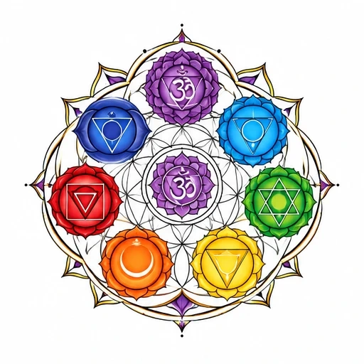 Colorful mandala with seven chakra lotus symbols arranged in a circle around a central symbol on white background