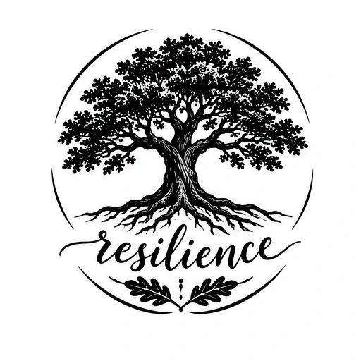 Black ink tree with roots and foliage inside a circle around the word resilience