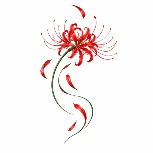 Red spider lily tattoo design with curly petals, yellow-tipped stamens, flowing green stems and falling petals on white background