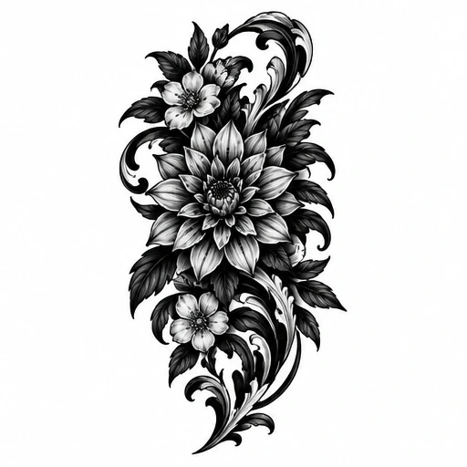 Black and gray tattoo design of a large flower with smaller flowers, leaves, and swirling ornamental flourishes