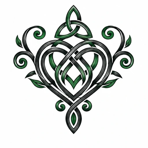 Celtic knot tattoo design in heart shape with green leaves and black swirls