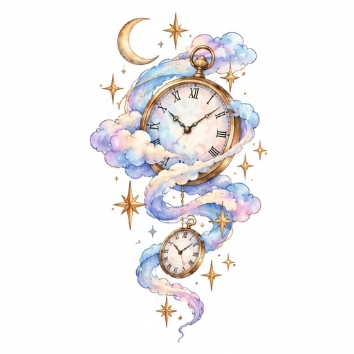 Watercolor tattoo of two pocket watches surrounded by pastel clouds, golden stars, and crescent moon