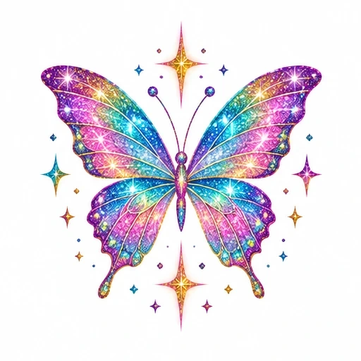 Colorful glitter butterfly with rainbow wings and sparkling stars tattoo design