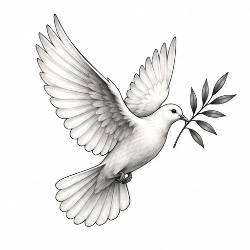 Fine line tattoo design of a flying dove holding an olive branch