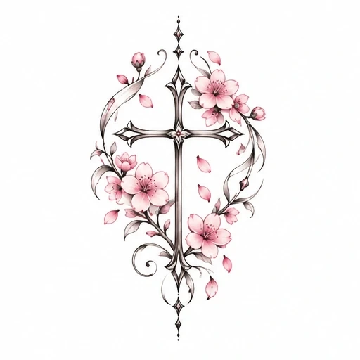 Delicate cross with pink cherry blossoms and swirling vines tattoo design